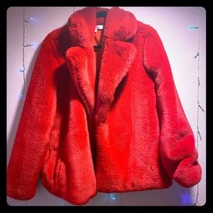 Red faux fur coat